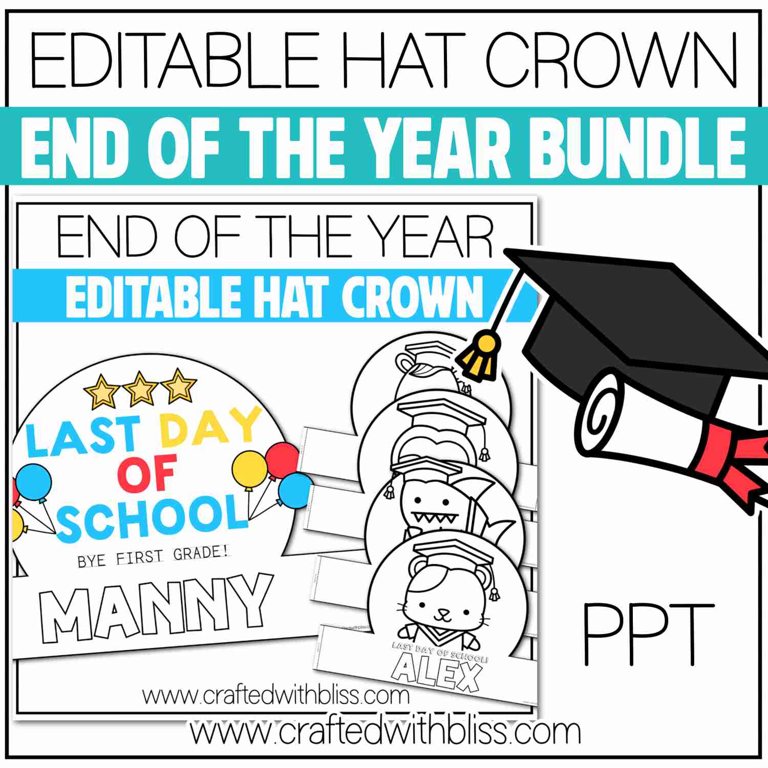 Editable Hat End of the Year and Summer Craft Crown Bundle for School Celebrations