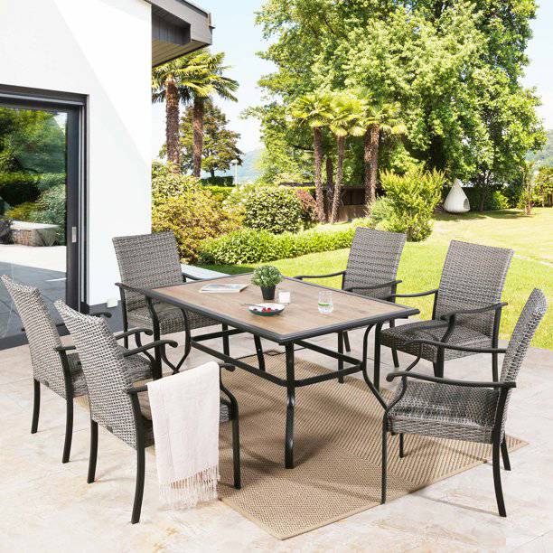 7 Piece Outdoor Dining Set with 6 Padded Chairs and 1 Rectangular Table