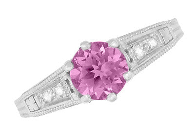 Art Deco Filigree Pink Sapphire and Diamond Vintage Style Engagement Ring in 14K White Gold