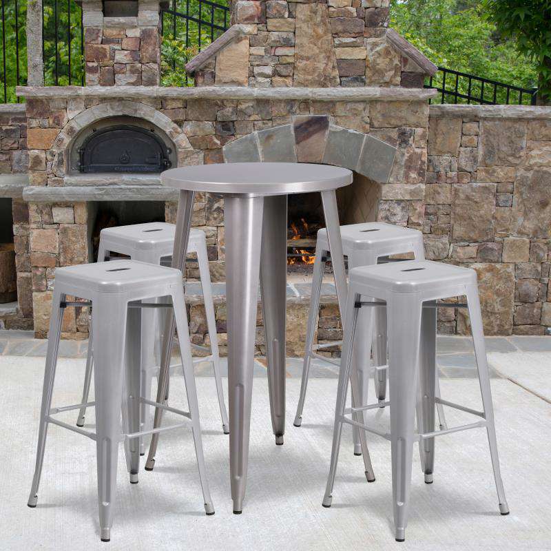 CH-51080BH-4-30SQST Flash Furniture Ormsby Commercial Grade 24 Round Silver Metal Indoor-Outdoor Bar Table Set with 4 Square Seat Backless Stools