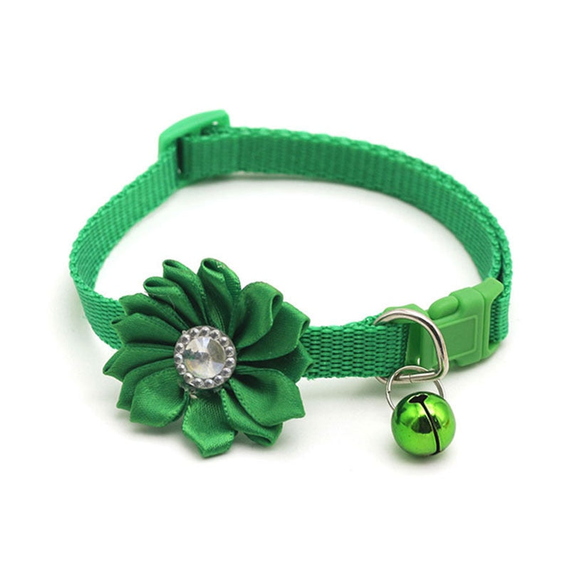 Cute Flower Pet Collar with Bell and Diamond Design - Adjustable Dog and Cat Neck Strap - Safety Buckle Necklace