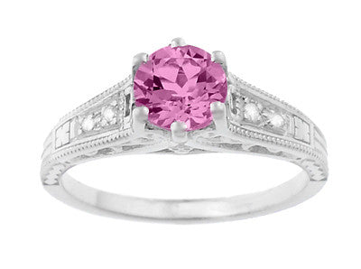Art Deco Filigree Pink Sapphire and Diamond Vintage Style Engagement Ring in 14K White Gold