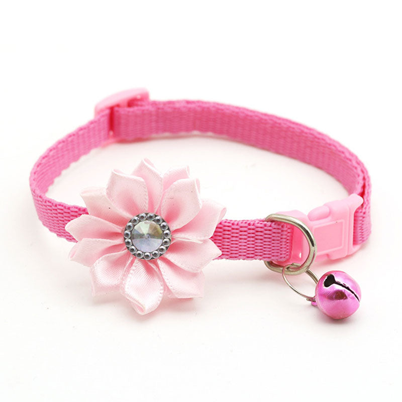 Cute Flower Pet Collar with Bell and Diamond Design - Adjustable Dog and Cat Neck Strap - Safety Buckle Necklace