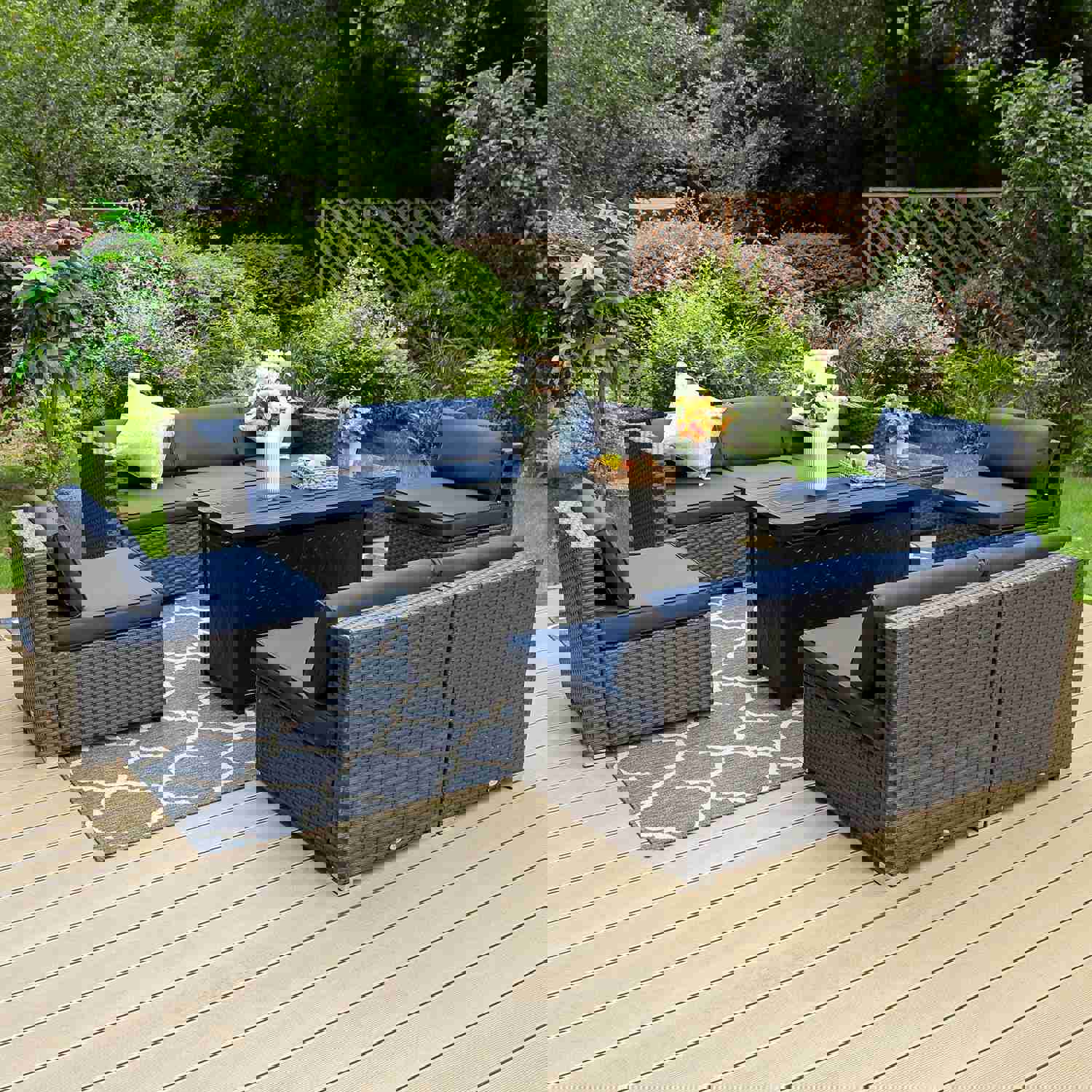 Phi Villa 9-Seater Outdoor Rattan & Wood Sectional Sofa Conversation Set With Fire Pit Table