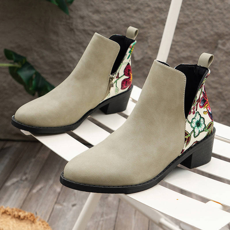 Flowers Printed Ankle Boots with Side Zipper for Women - Fashion Square Toe Boots for Autumn Winter