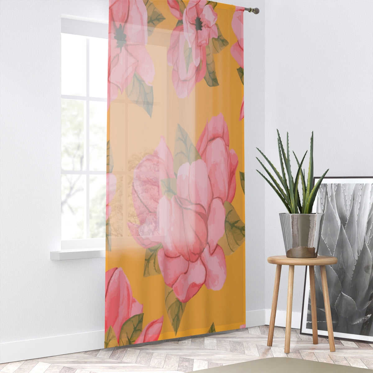 PINK MAGNOLIAS & YELLOW - SHEER Window Curtain