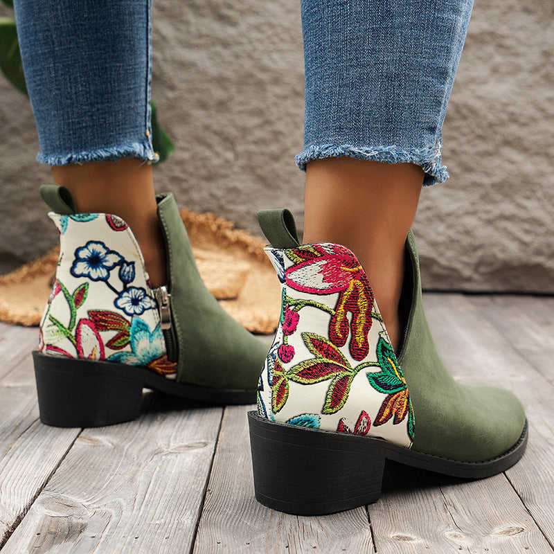 Flowers Printed Ankle Boots with Side Zipper for Women - Fashion Square Toe Boots for Autumn Winter