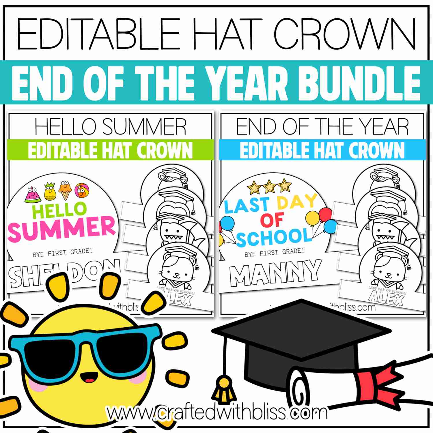 Editable Hat End of the Year and Summer Craft Crown Bundle for School Celebrations