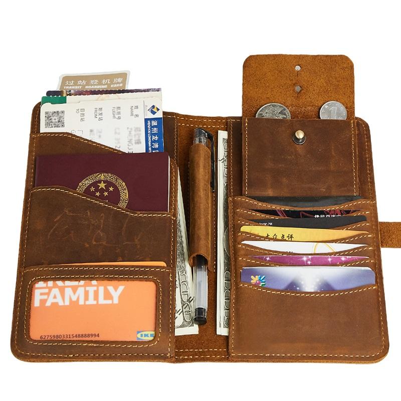 Vintage Bifold Leather Long Wallet for Men with Passport Slot
