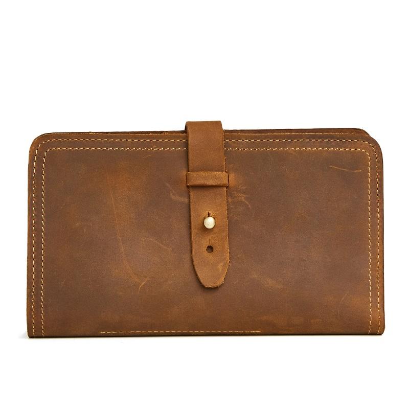 Vintage Bifold Leather Long Wallet for Men with Passport Slot