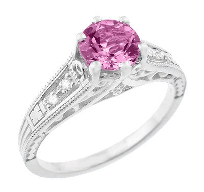 Art Deco Filigree Pink Sapphire and Diamond Vintage Style Engagement Ring in 14K White Gold