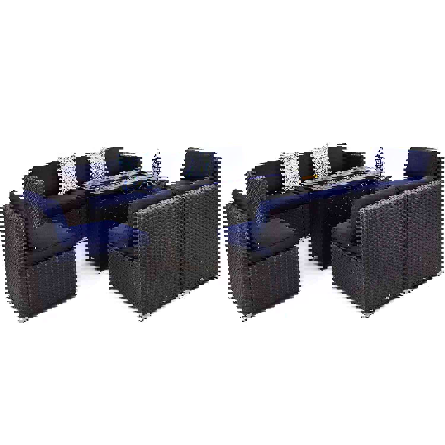 Phi Villa 9-Seater Outdoor Rattan & Wood Sectional Sofa Conversation Set With Fire Pit Table