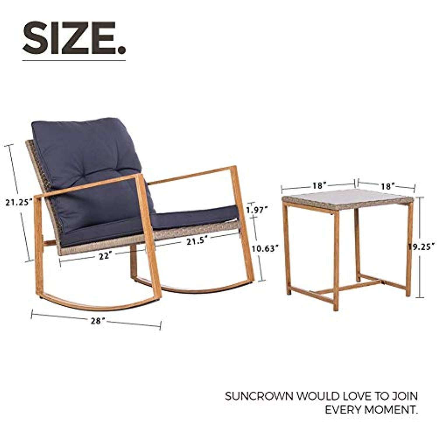 SUNCROWN Outdoor Rocking Chair Set 3-Piece Patio Bistro Set with Grey Wicker and Wood-Grain Arm Rest