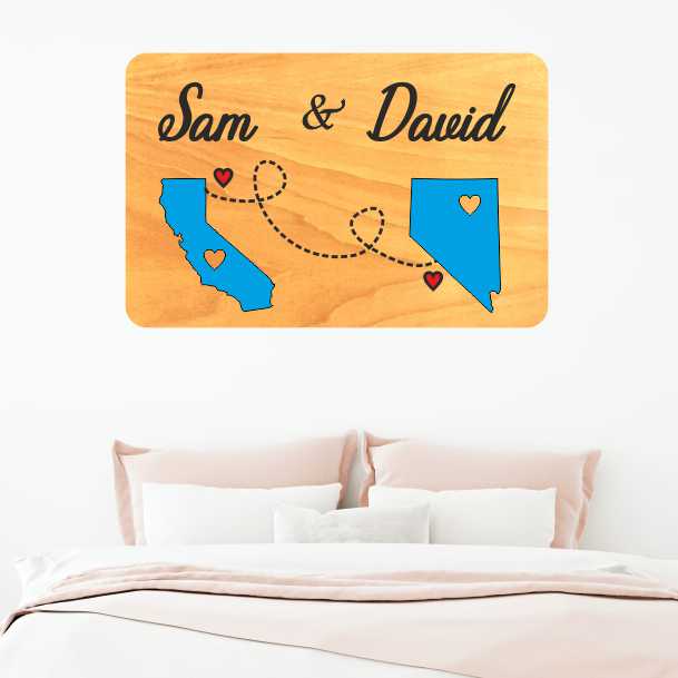 Personalized Long Distance Couples Gift - Custom State Printed Wood Wall Decor