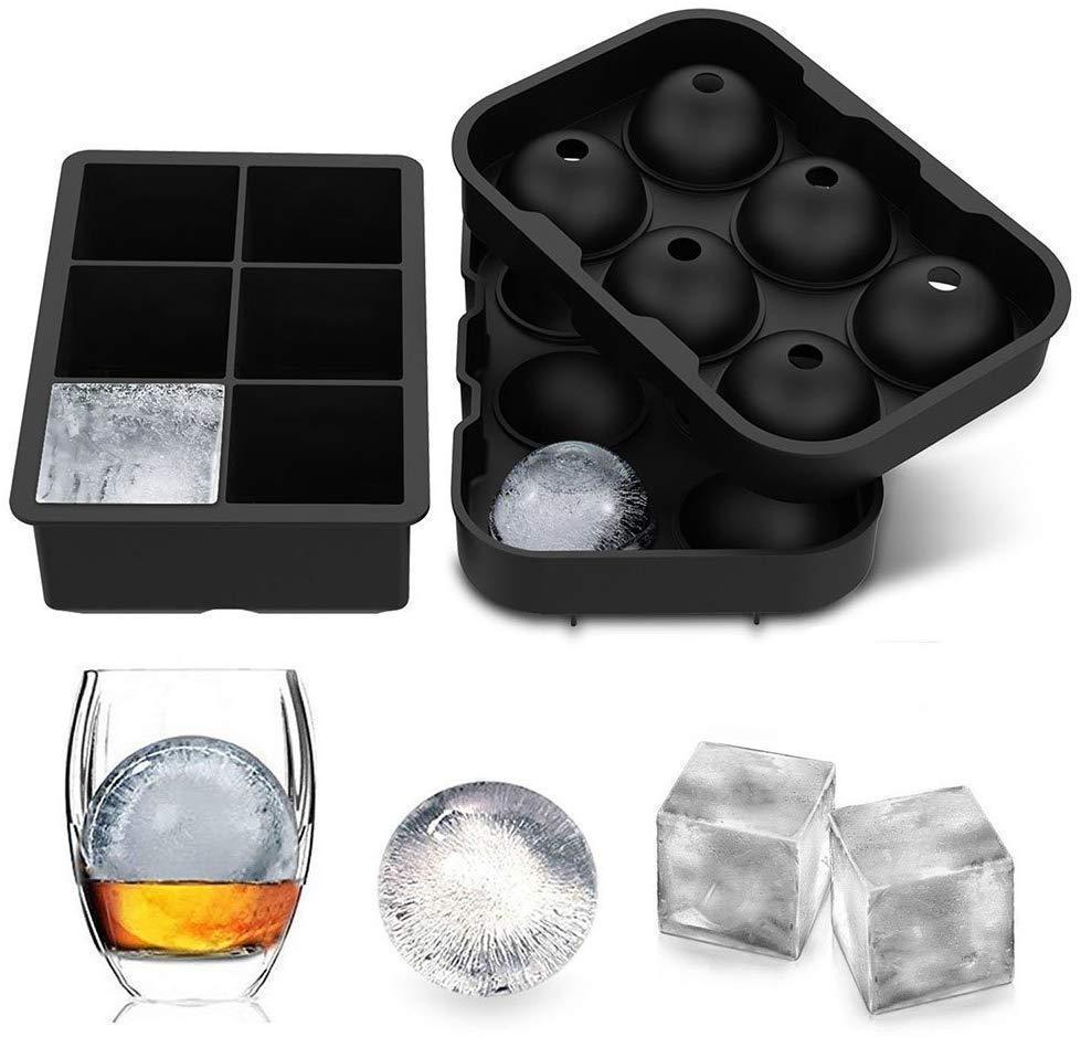 Large Ice Cube Trays Ice Ball Maker with Lids Combo (Set of 2) - Silicone Sphere & Square Flexible Ice Molds for Cocktails, Whiskey & Drinks - BPA Free