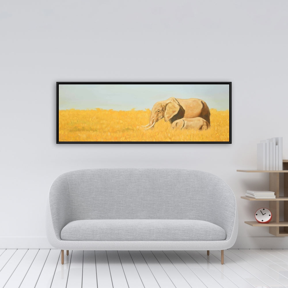 Elephant And Its Little One - Fine Art Gallery Wrapped Canvas 16x48