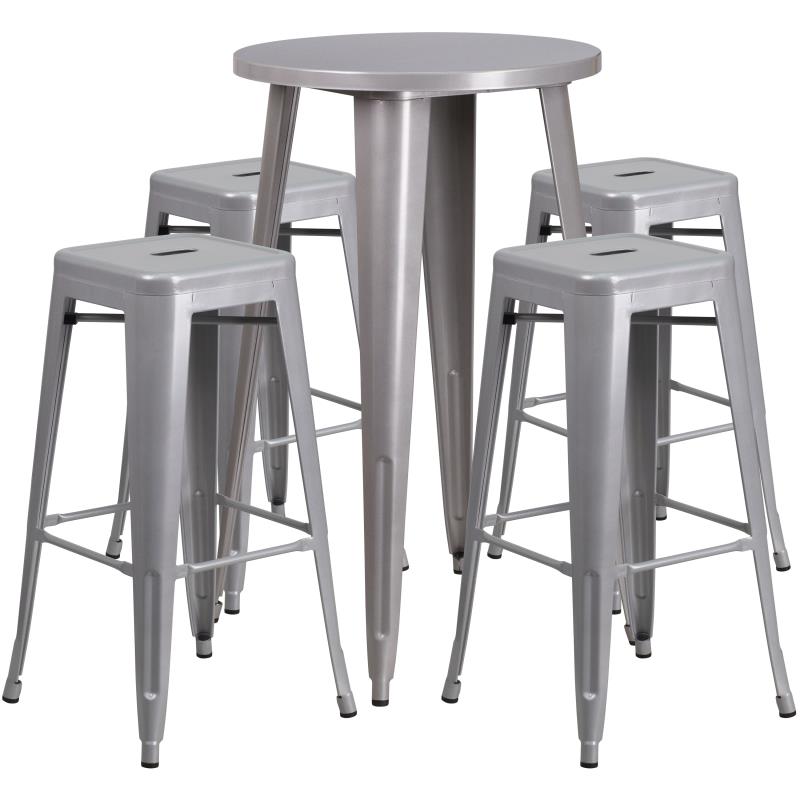 CH-51080BH-4-30SQST Flash Furniture Ormsby Commercial Grade 24 Round Silver Metal Indoor-Outdoor Bar Table Set with 4 Square Seat Backless Stools