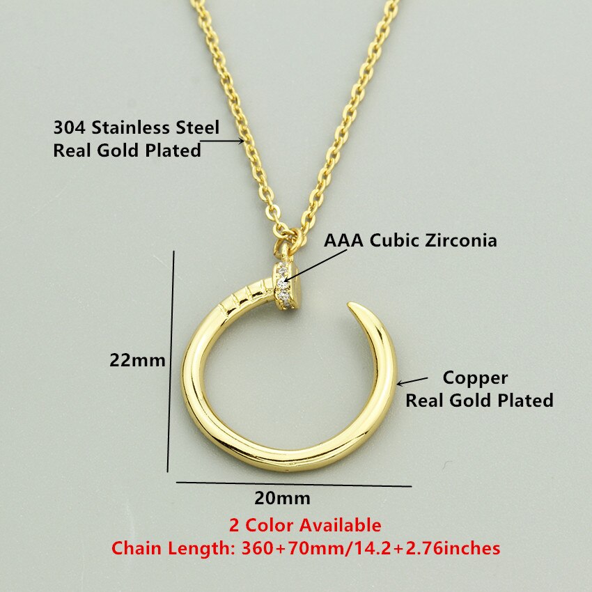 V Attract Punk Jewelry Unique CZ Nail Pendant Necklace for Women and Men - Stainless Steel Chain Choker Gold Filled