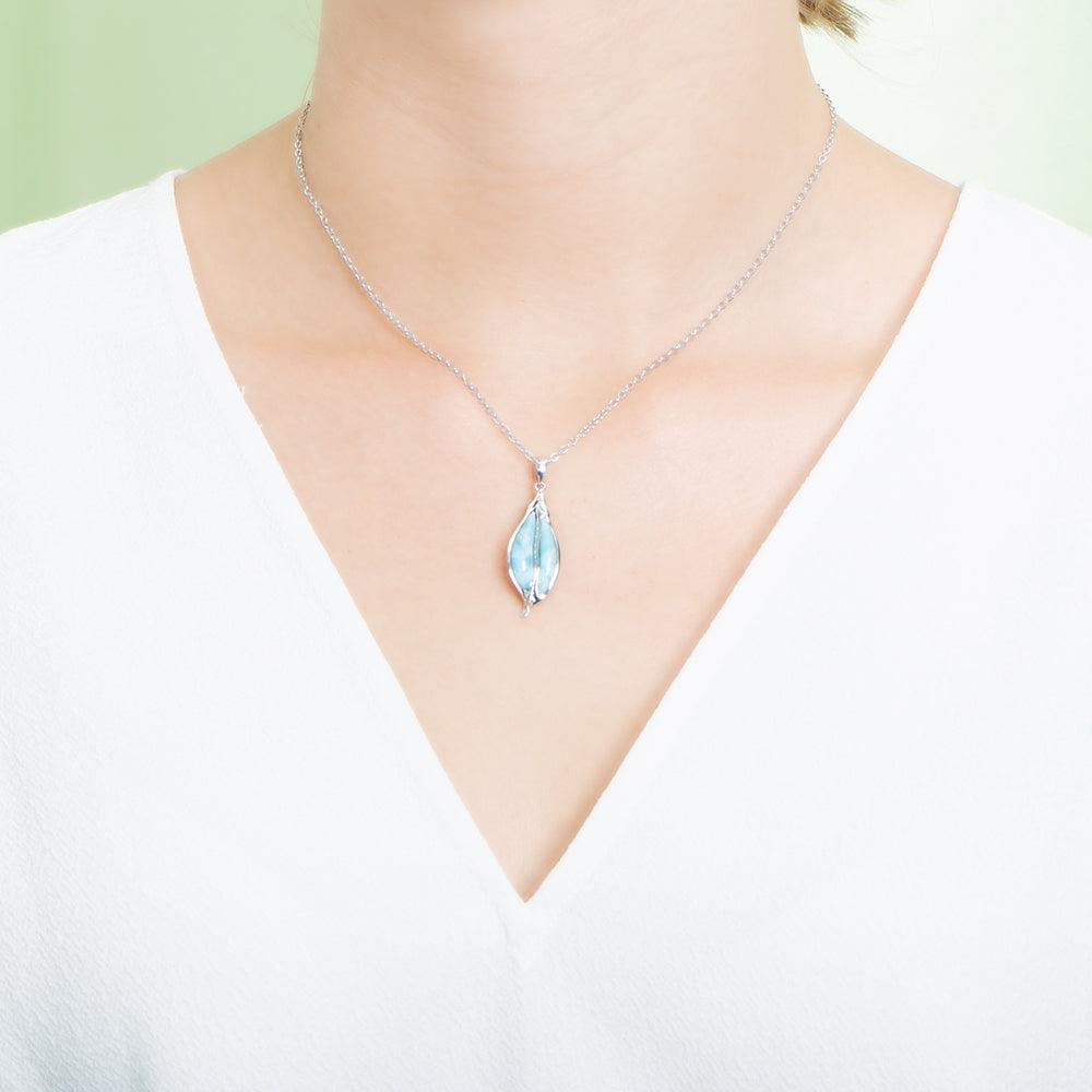 Larimar Ti Leaf Pendant - 925 Sterling Silver with Unique Gemstone
