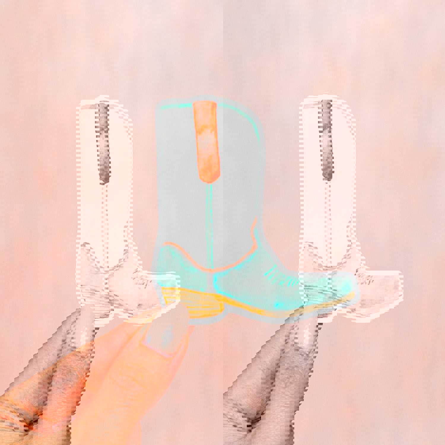 Hand-Painted Teal and Coral Cowboy Boot Waterproof Vinyl Sticker by kathyphantastic