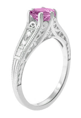 Art Deco Filigree Pink Sapphire and Diamond Vintage Style Engagement Ring in 14K White Gold
