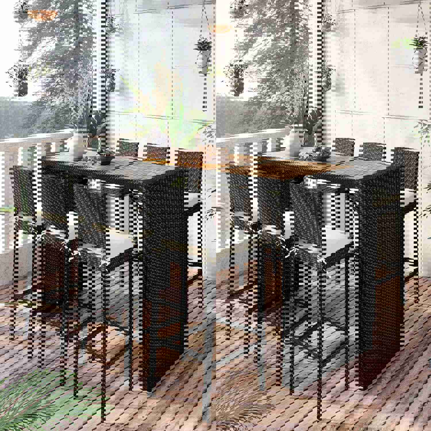 TOPMAX Outdoor Patio 7-Piece Rattan Dining Table Set with Wood Tabletop and 6 Chairs