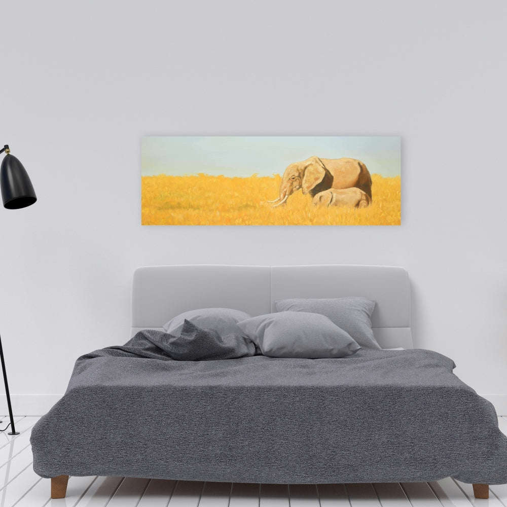 Elephant And Its Little One - Fine Art Gallery Wrapped Canvas 16x48