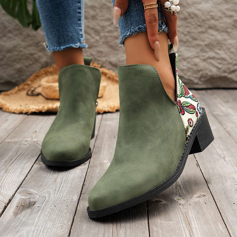 Flowers Printed Ankle Boots with Side Zipper for Women - Fashion Square Toe Boots for Autumn Winter