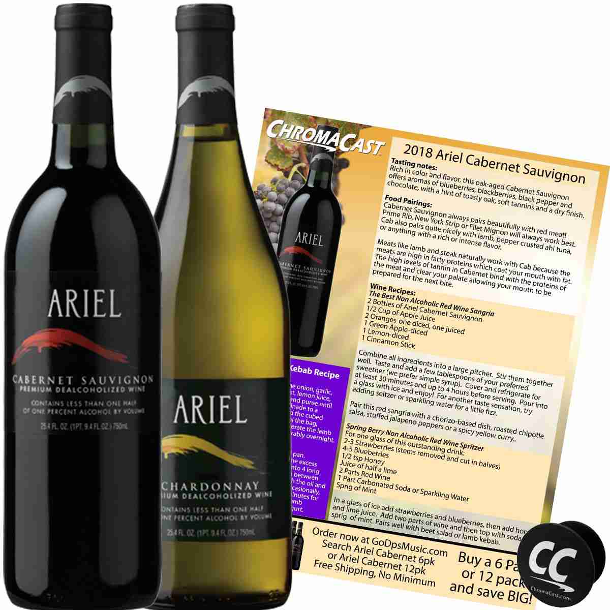 Ariel Cabernet & Chardonnay Non-Alcoholic Red & White Wine Experience Bundle with Chromacast Pop Socket