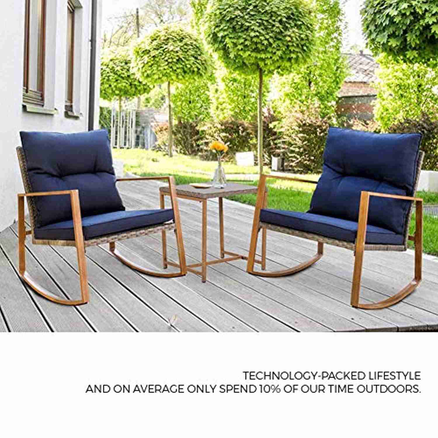 SUNCROWN Outdoor Rocking Chair Set 3-Piece Patio Bistro Set with Grey Wicker and Wood-Grain Arm Rest