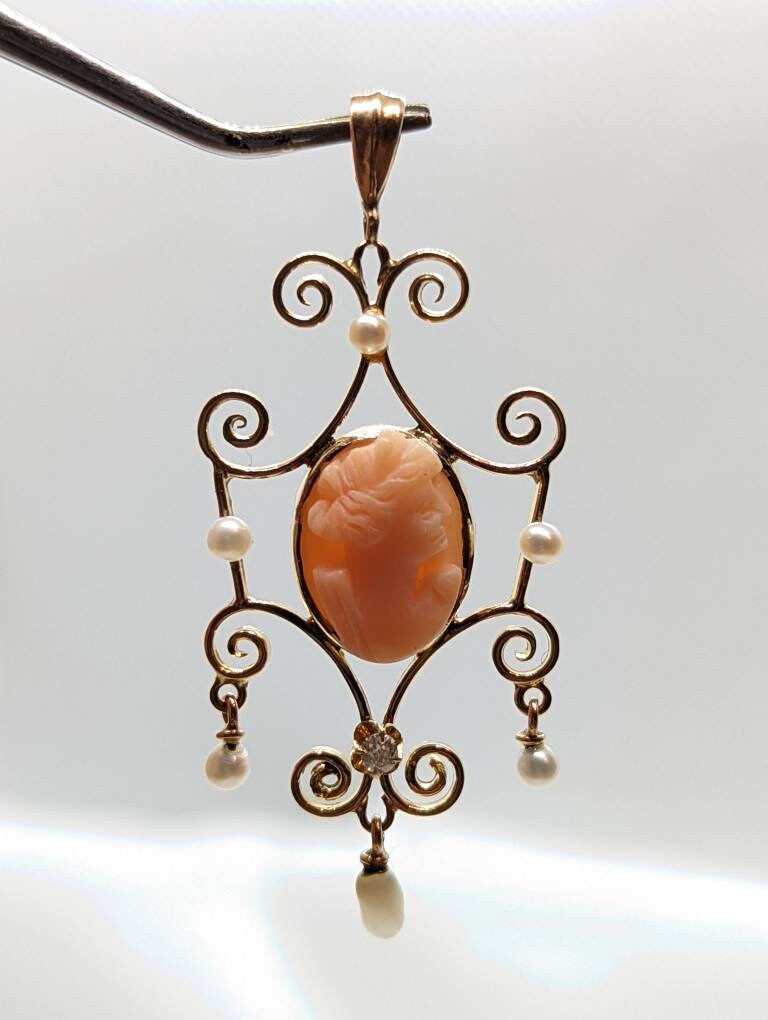 Antique Diamond Coral Cameo Pendant Lavaliere in 10k Gold with Pearl Accents