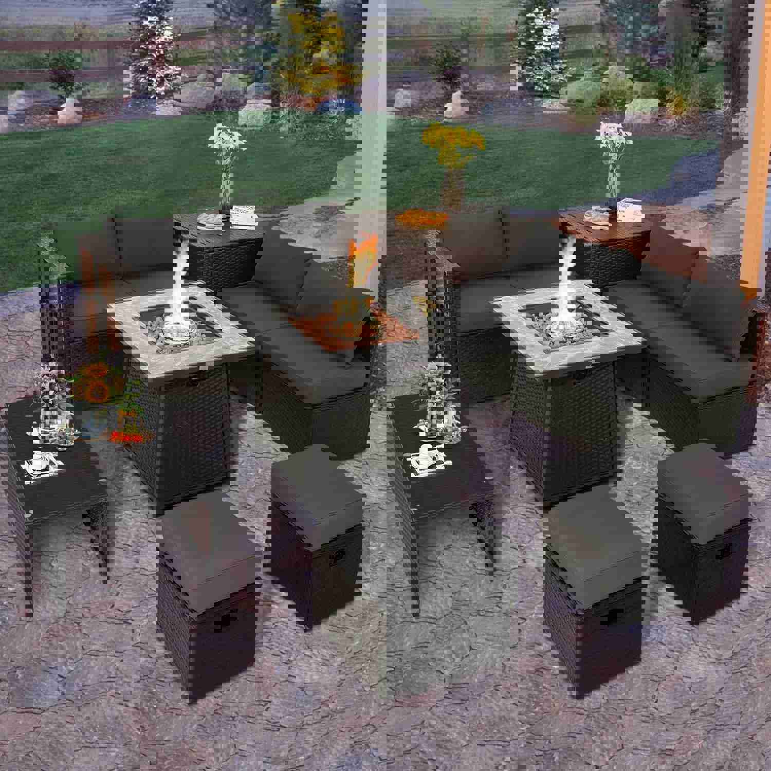 Tangkula 9-Piece Outdoor Patio Furniture Set with 35-Inch Propane Fire Pit Table