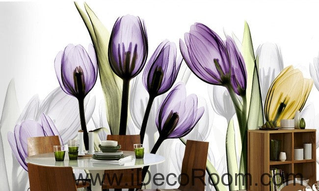 Transparent Purple Yellow Tulips Flower Wallpaper Wall Decals for Home Decor
