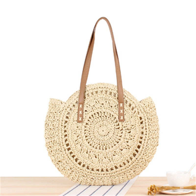 Lkblock Large Capacity Round Zipper Fashionable Straw Woven Bag for Women