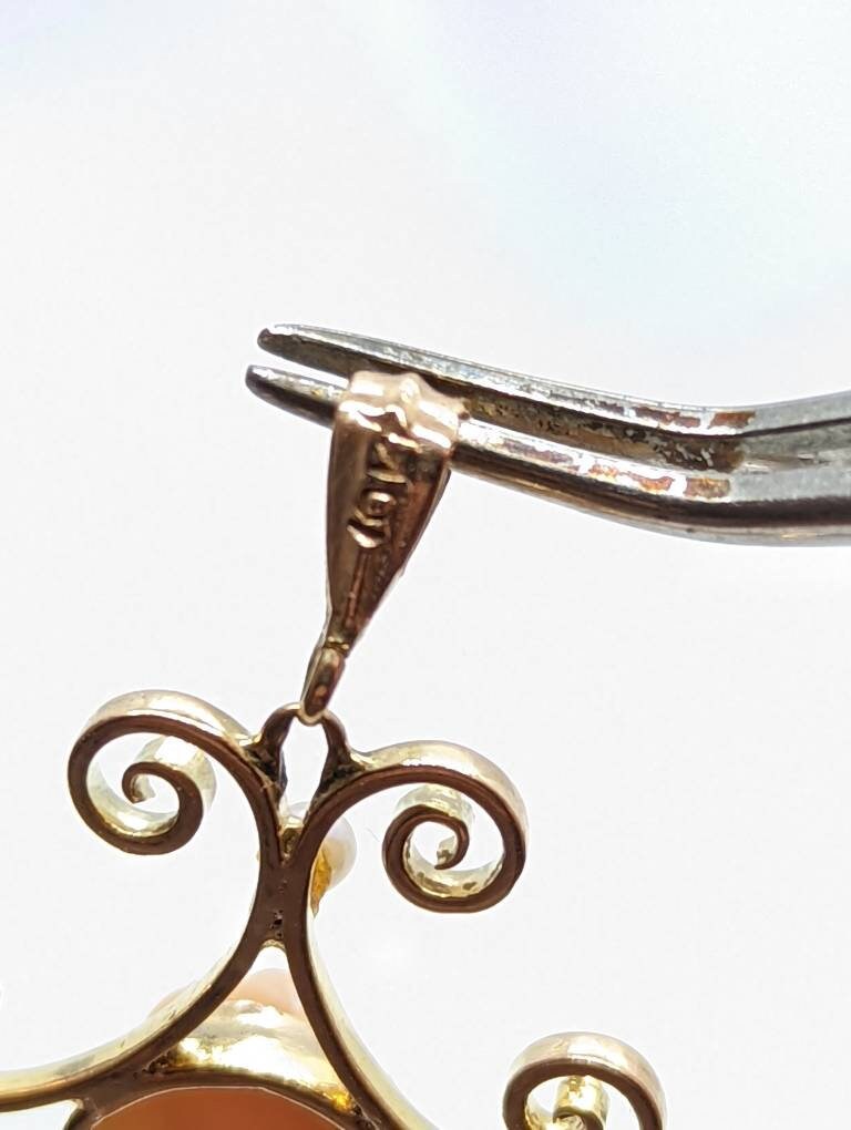 Antique Diamond Coral Cameo Pendant Lavaliere in 10k Gold with Pearl Accents