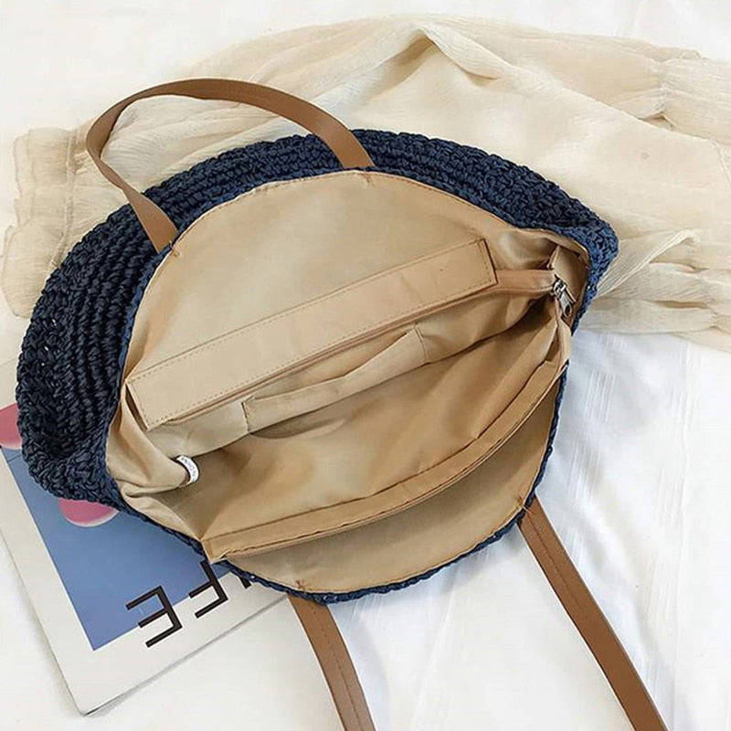 Lkblock Large Capacity Round Zipper Fashionable Straw Woven Bag for Women