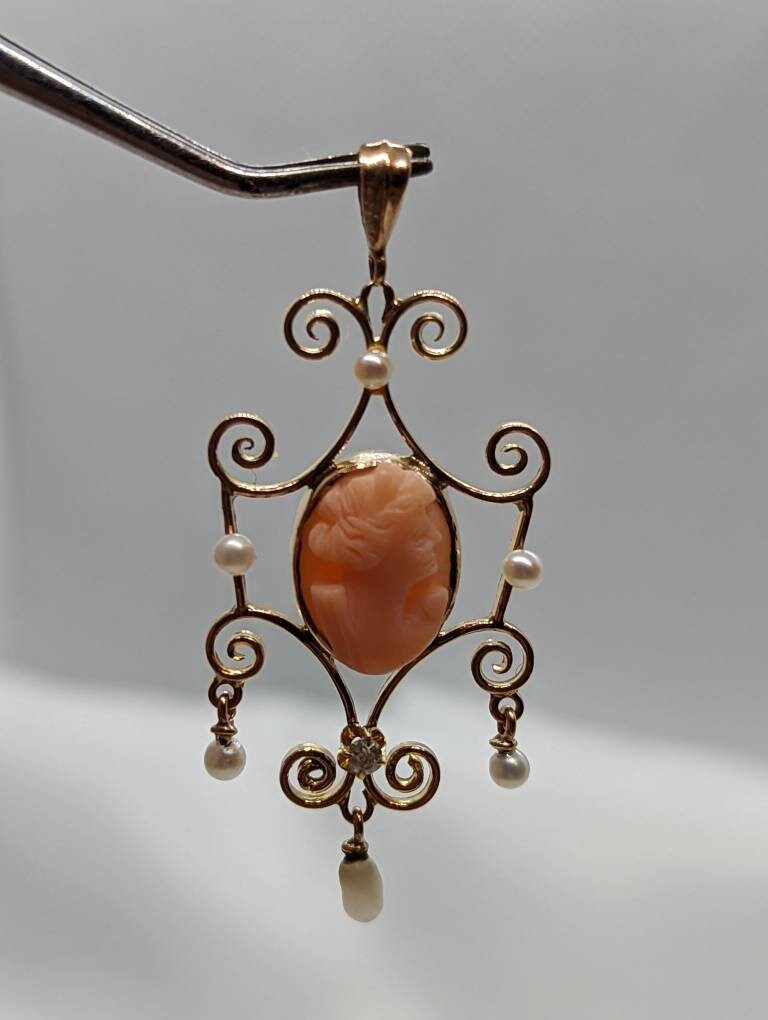 Antique Diamond Coral Cameo Pendant Lavaliere in 10k Gold with Pearl Accents
