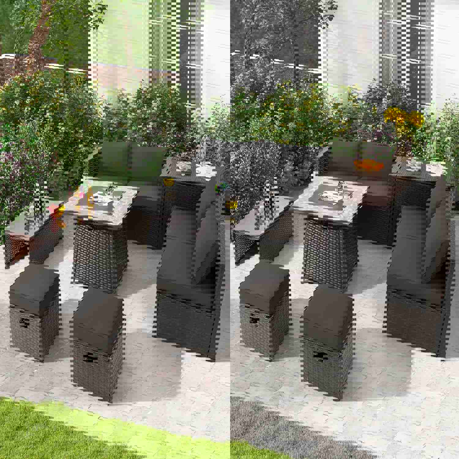 Tangkula 9-Piece Outdoor Patio Furniture Set with 35-Inch Propane Fire Pit Table