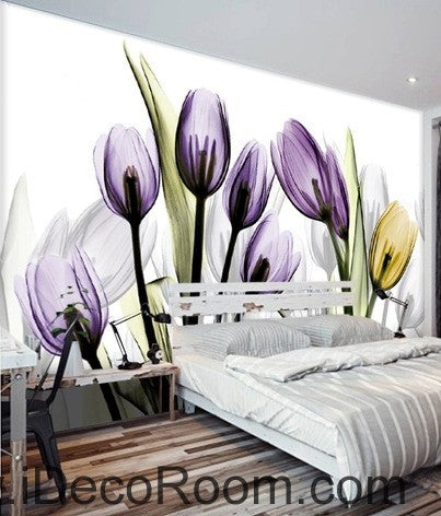 Transparent Purple Yellow Tulips Flower Wallpaper Wall Decals for Home Decor