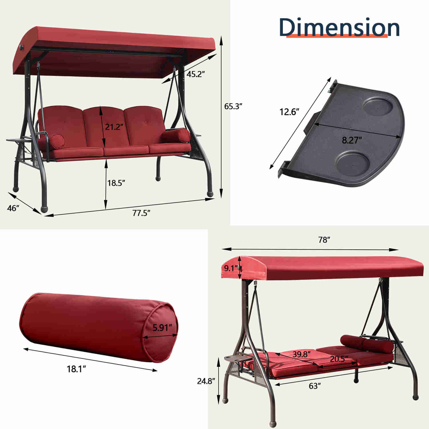 3-Seat Outdoor Porch Swing Chair with Adjustable Canopy, 2 Foldable Side Trays, 3 Cushions & 2 Pillows, Wine Red