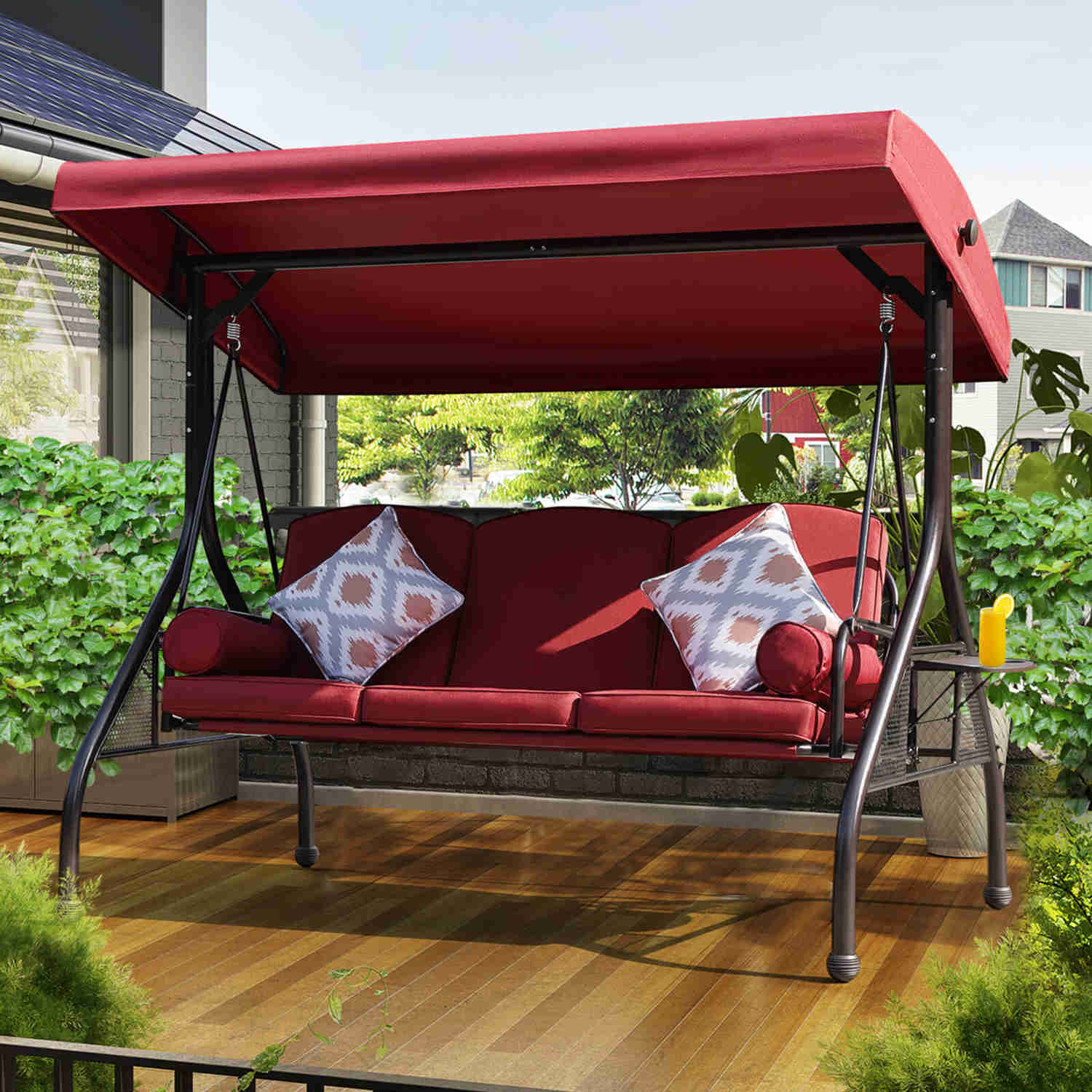 3-Seat Outdoor Porch Swing Chair with Adjustable Canopy, 2 Foldable Side Trays, 3 Cushions & 2 Pillows, Wine Red