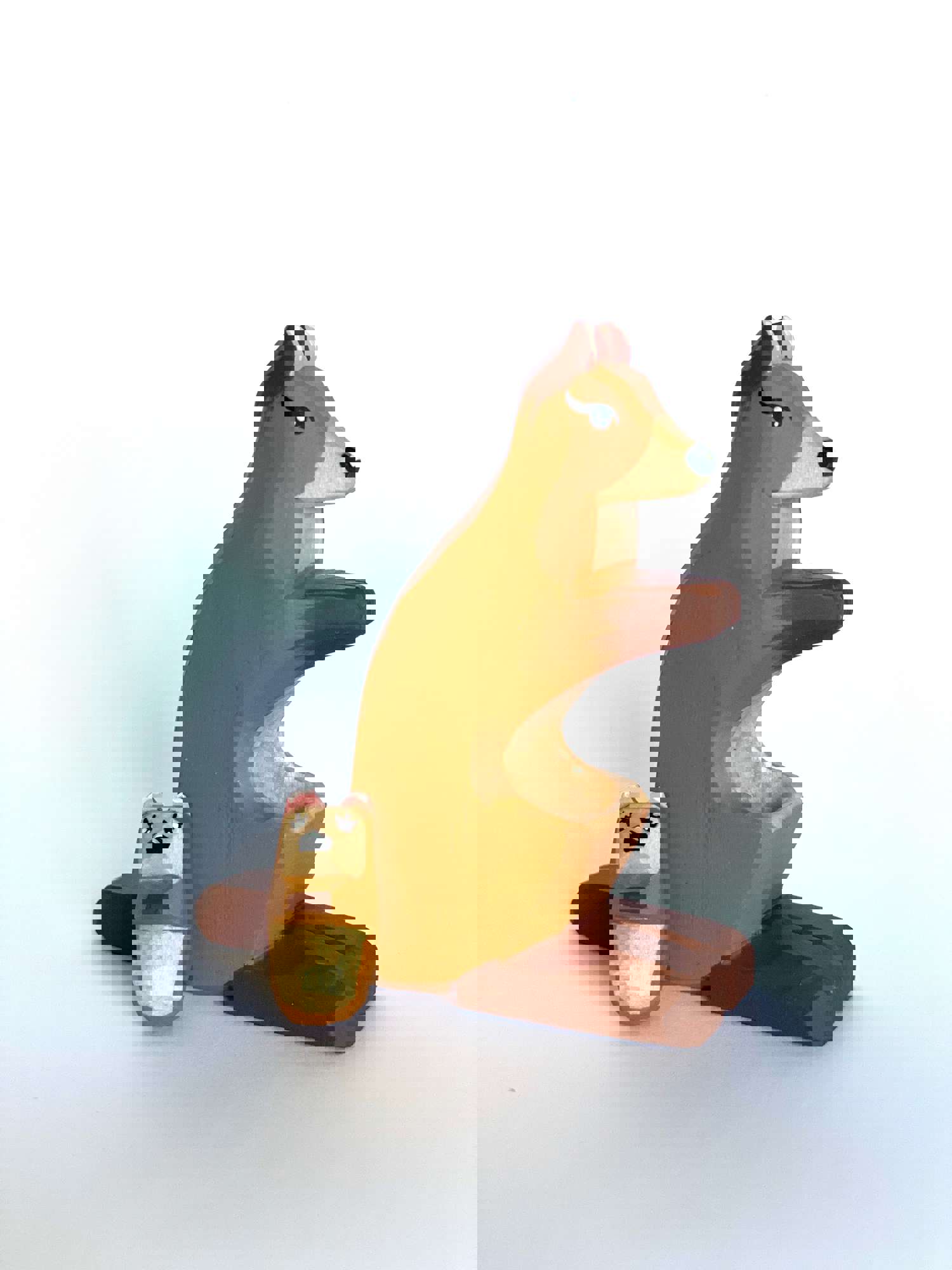 Hand-Carved Wooden Kangaroo Toy with Baby