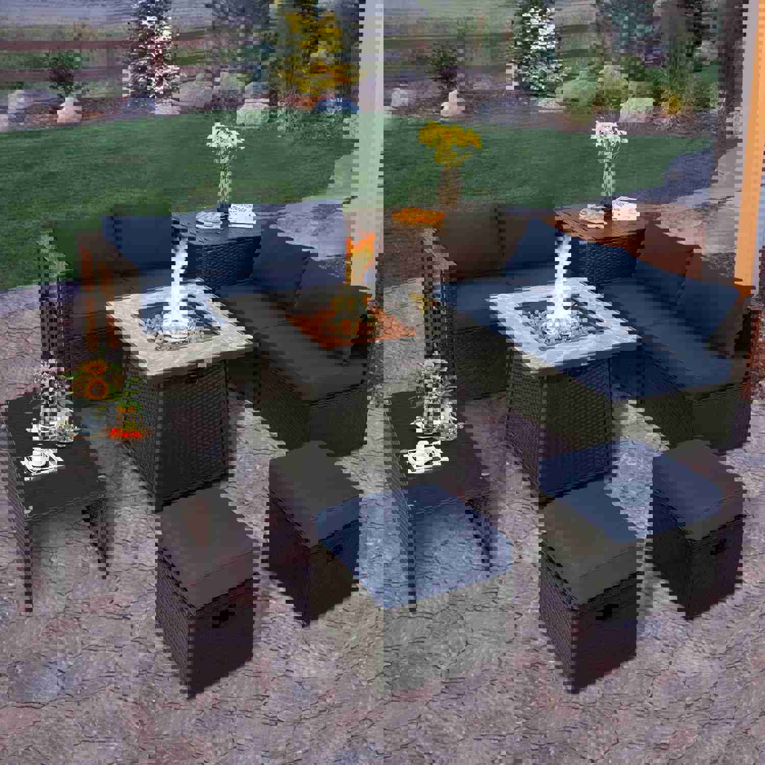 Tangkula 9-Piece Outdoor Patio Furniture Set with 35-Inch Propane Fire Pit Table