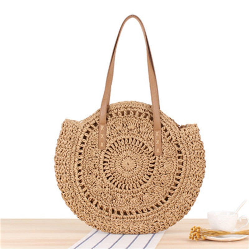 Lkblock Large Capacity Round Zipper Fashionable Straw Woven Bag for Women