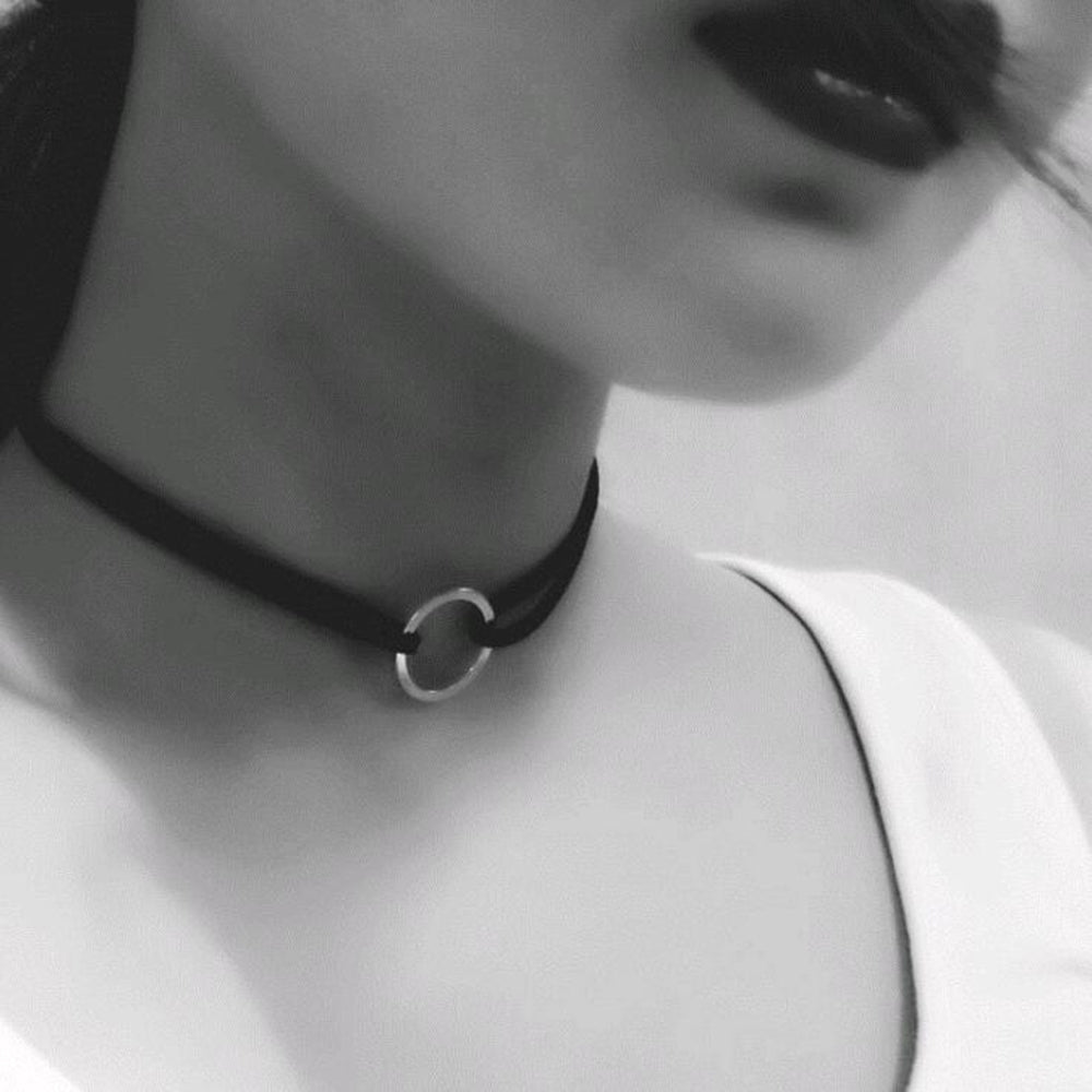 Tomtosh Trendy Women's Gray Velvet Suede Double Layer Choker Necklace with Gold Circle Pendant