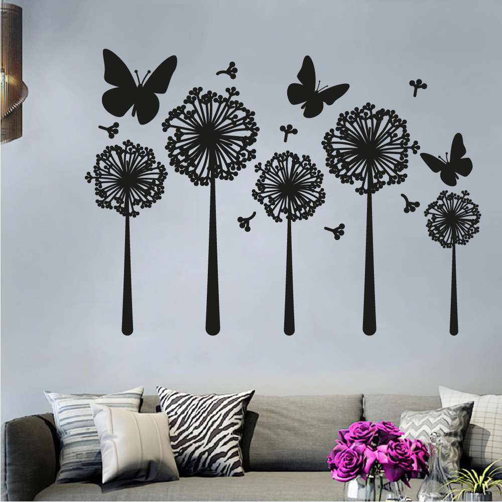 Flowers Floral Vinyl Wall Sticker - Spring Silhouette Decal with Butterflies