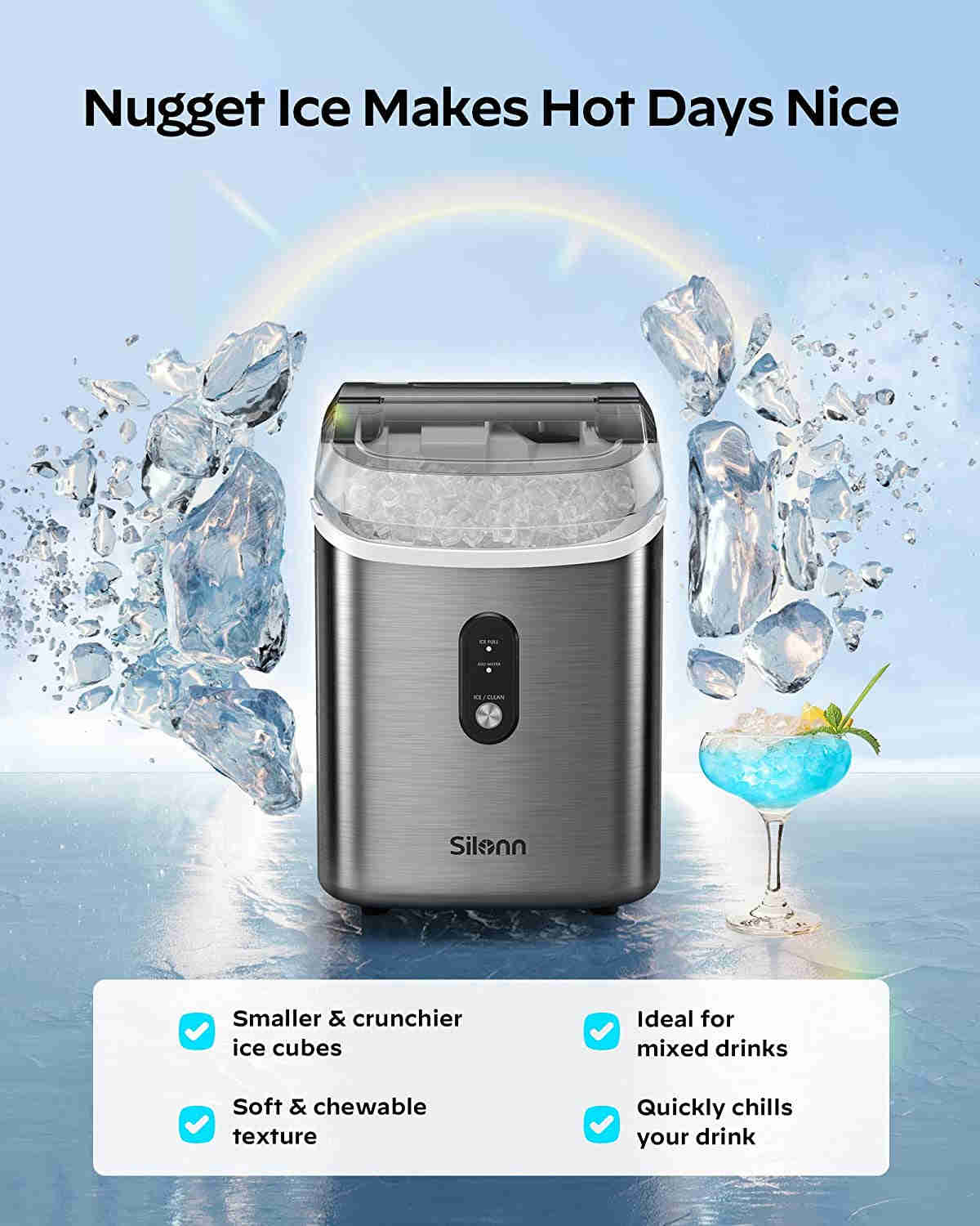 Nugget Countertop Ice Maker with Self-Cleaning Function, 33Lbs/24H, Stainless Steel