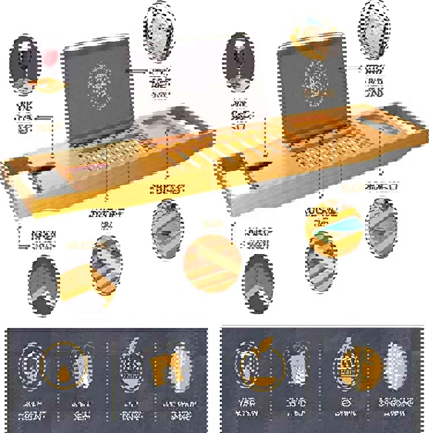 Bambüsi Expandable Bamboo Bathtub Tray Caddy - Adjustable Luxury Bath Organizer