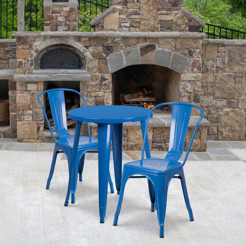 Flash Furniture Napoleon Commercial Grade 24 Round Blue Metal Indoor-Outdoor Table Set with 2 Cafe Chairs