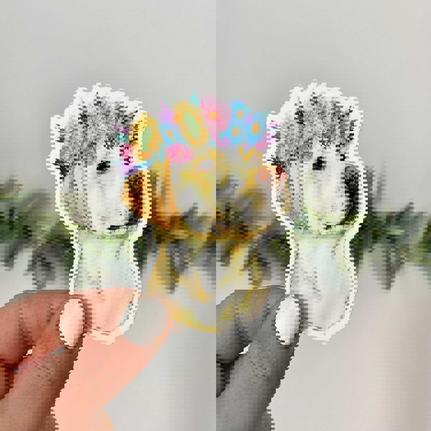 Yellow Lab With Flower Crown Sticker - Waterproof Vinyl Sticker for Pet Lovers